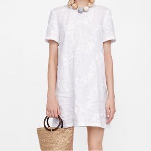 Zara White Floral Linen Embroidered Shift Dress